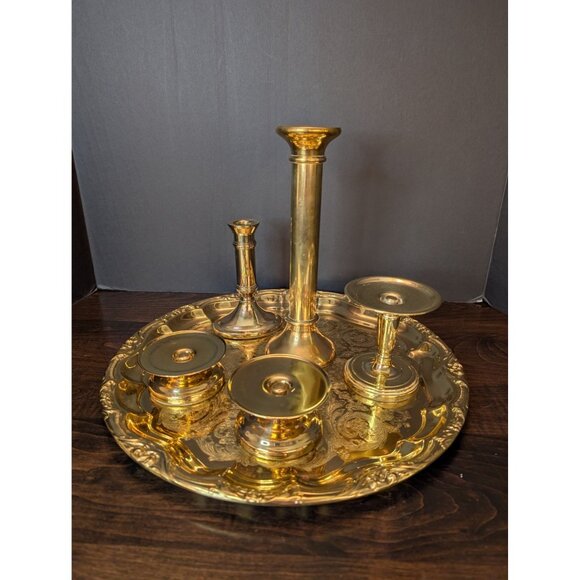 Baldwin Brass Candle Holders &Elegant Ornate Brass Tray 15" Wedding Home Décor - Picture 6 of 7